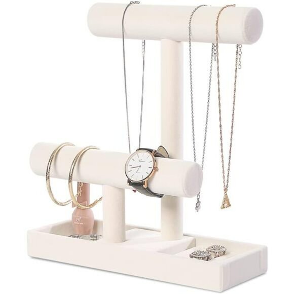 Velvet 2 Tier Jewelry Organizer Stand for Necklace Bracelet Earring Ring Tray - Picture 2 of 7